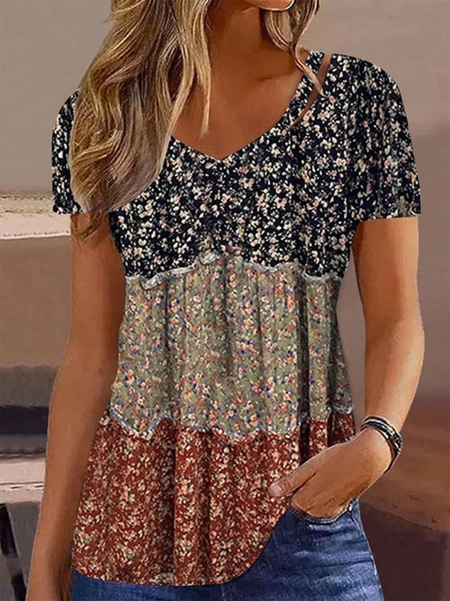 V Neck Vintage Loose Floral Shirt