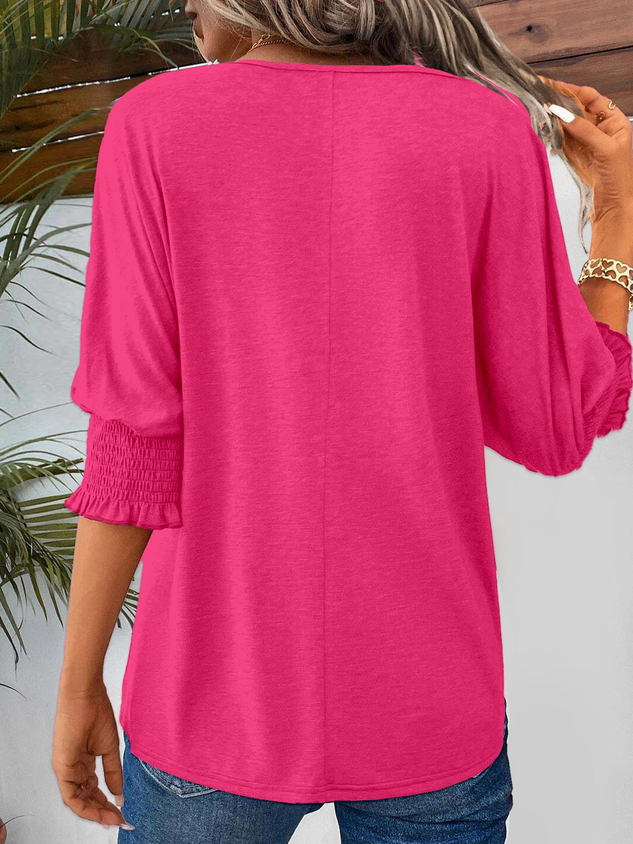 Casual Plain Notched Three Quarter Sleeve T-shirt