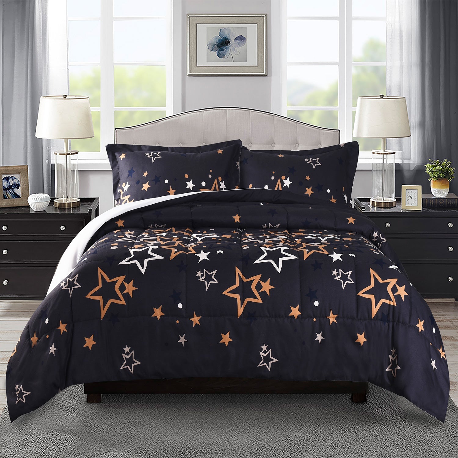 HIG Geometric Print Comforter Set, Grid / Stars Pattern, 3 PCS Lightweight Quilted Comforter with Two Shams