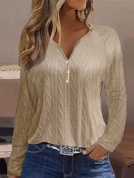 Casual Plain V Neck Long Sleeve T-shirt