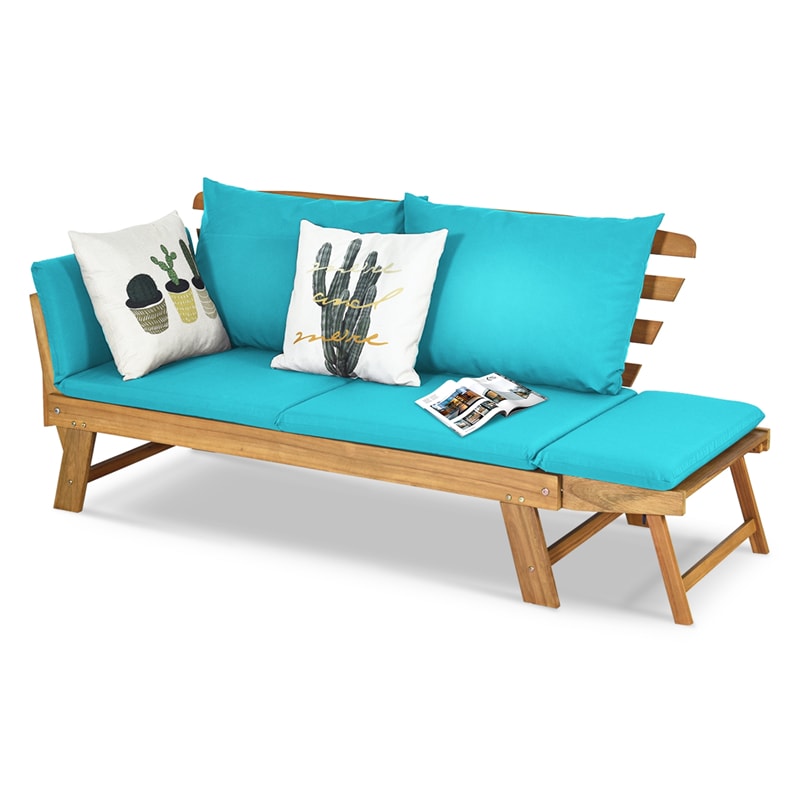 Outdoor Daybed Acacia Wood Convertible Couch Sofa Bed with Adjustable Armrest & Cushion