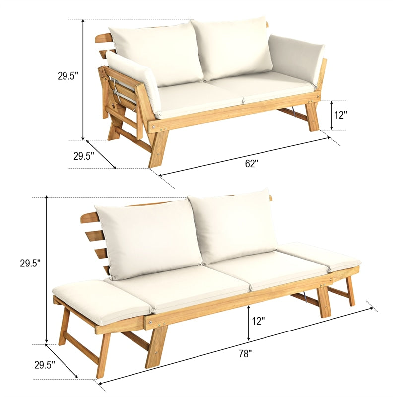 Outdoor Daybed Acacia Wood Convertible Couch Sofa Bed with Adjustable Armrest & Cushion