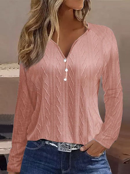 Casual Plain V Neck Long Sleeve T-shirt