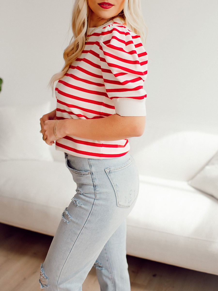 Red striped bubble sleeved sweater top