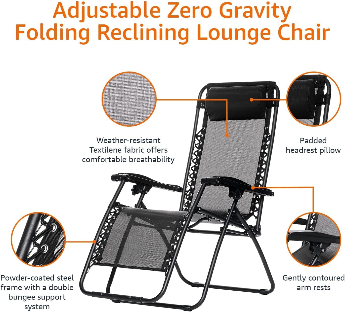 Adjustable Zero Gravity Folding Reclining Lounge Chair with Pillow, Black