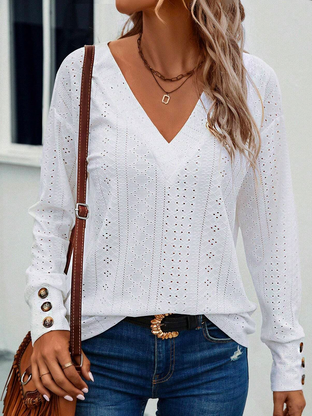 Casual Plain V Neck Long Sleeve T-shirt