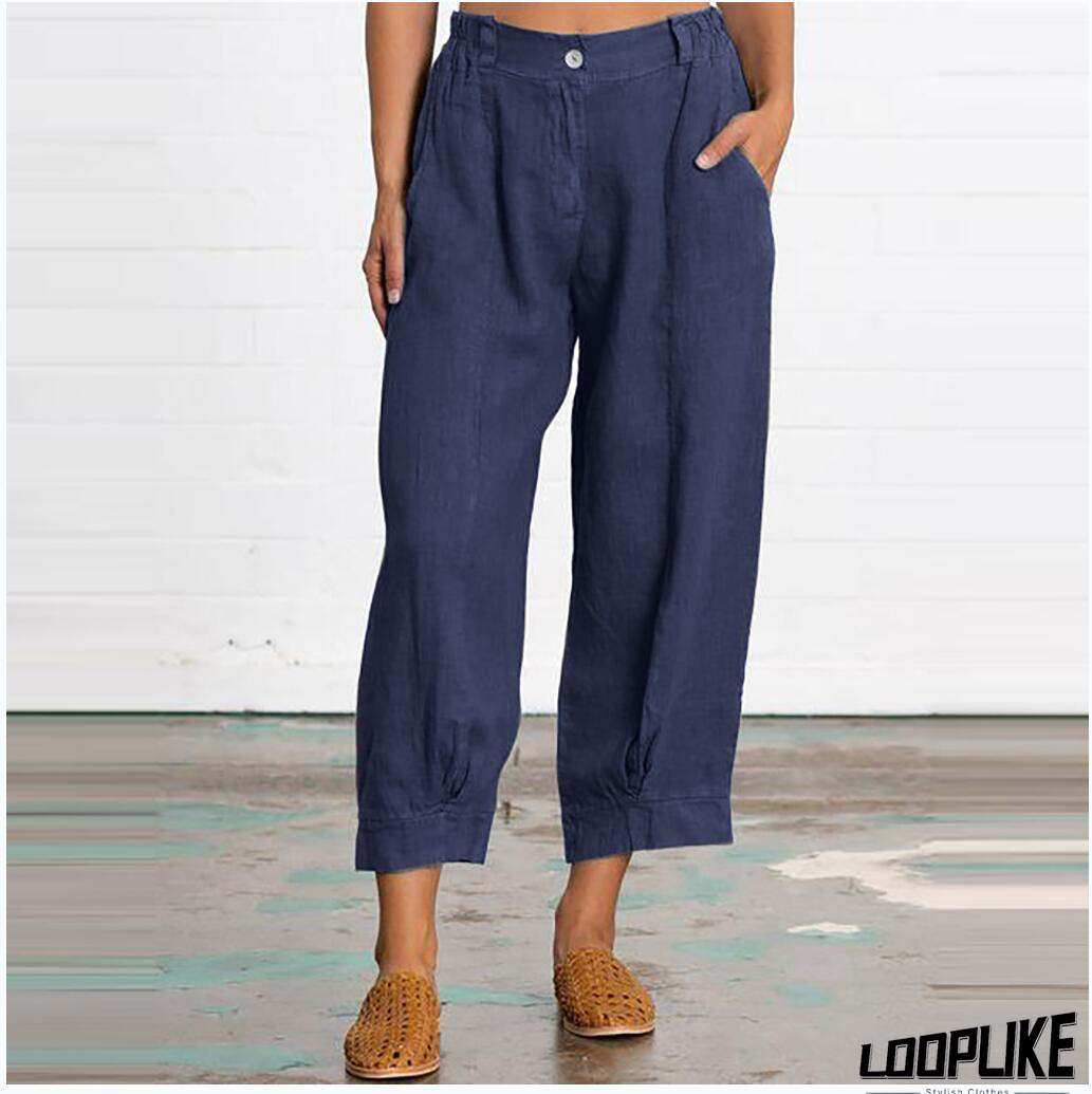 Linen Women Loose Capri Pants With Pockets