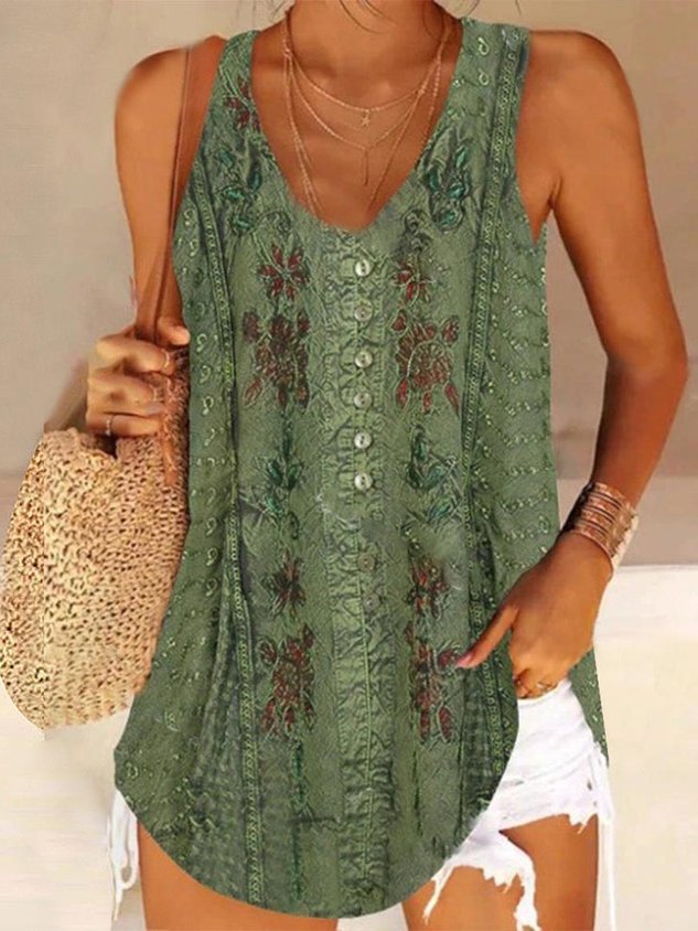 Ethnic Boho Buttoned Loose Tank Top