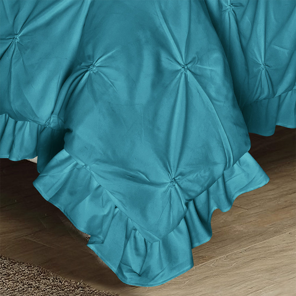 5 Piece Pinch Pleat Scallop Fringe Teal Bedding Comforter Set