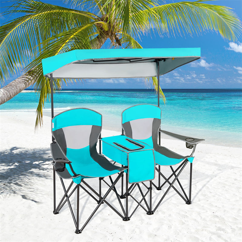 Folding Double Camping Chairs with Shade Canopy Portable Beach Chairs with Cup Holder