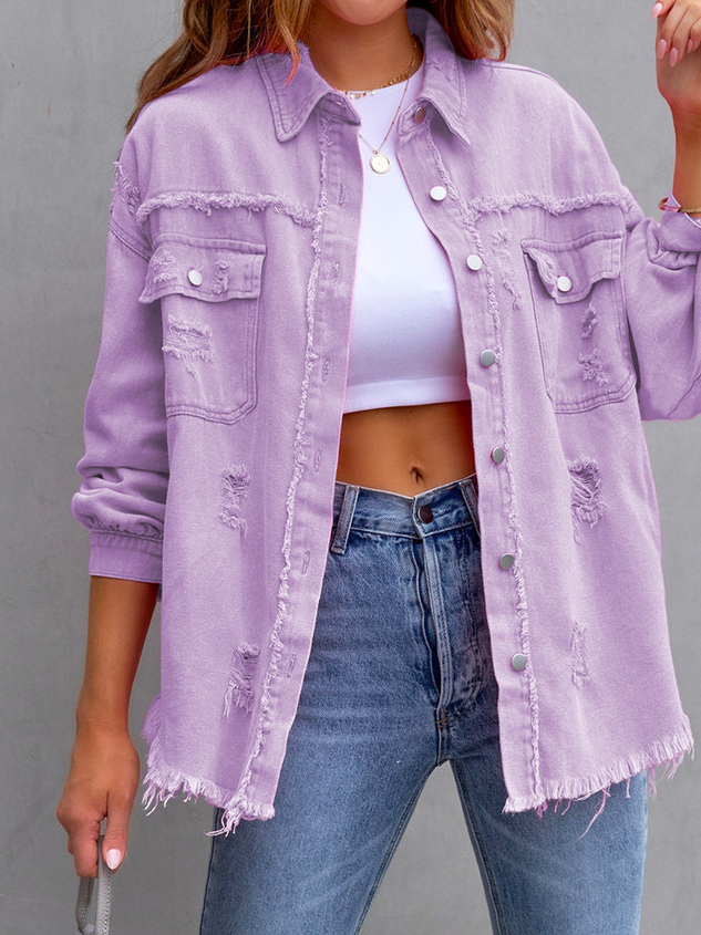 Shawl Collar Long Sleeve Plain Ripped Regular Loose Denim Jacket For Women