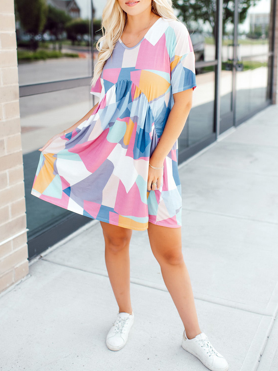 Contrast geometric pattern pleated dress