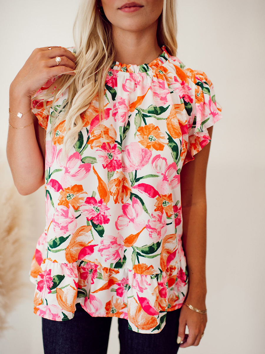 Pink and orange floral pattern pleated top