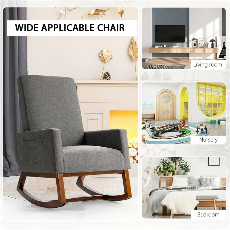 Upholstered Rocking Chair High Back Glider Rocker Chair Mid-Century Nursery Chair Modern Fabric Armchair with Wood Base