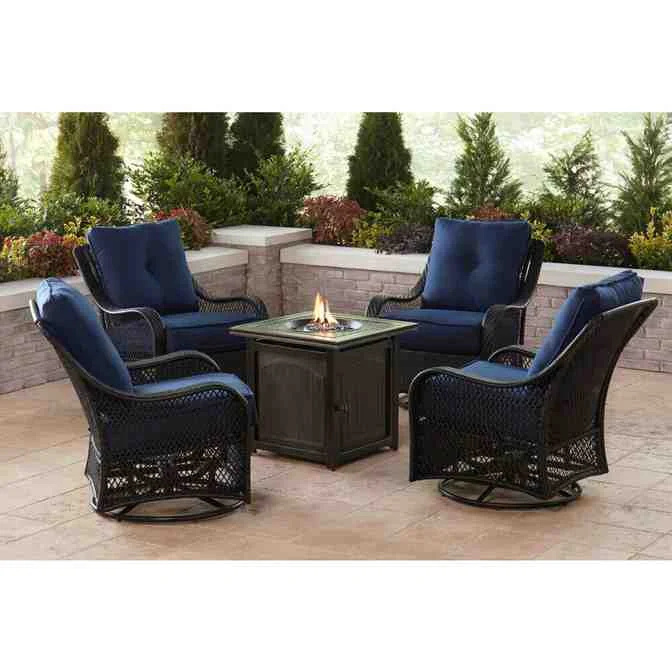 Orleans 5-Piece Steel Patio Fire Pit Conversation Set with Navy Blue Cushions, Swivel Gliders and Square Fire Pit Table