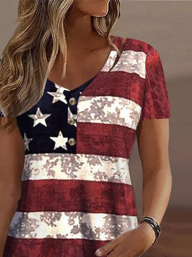 Flag V Neck Buckle Casual Shirt