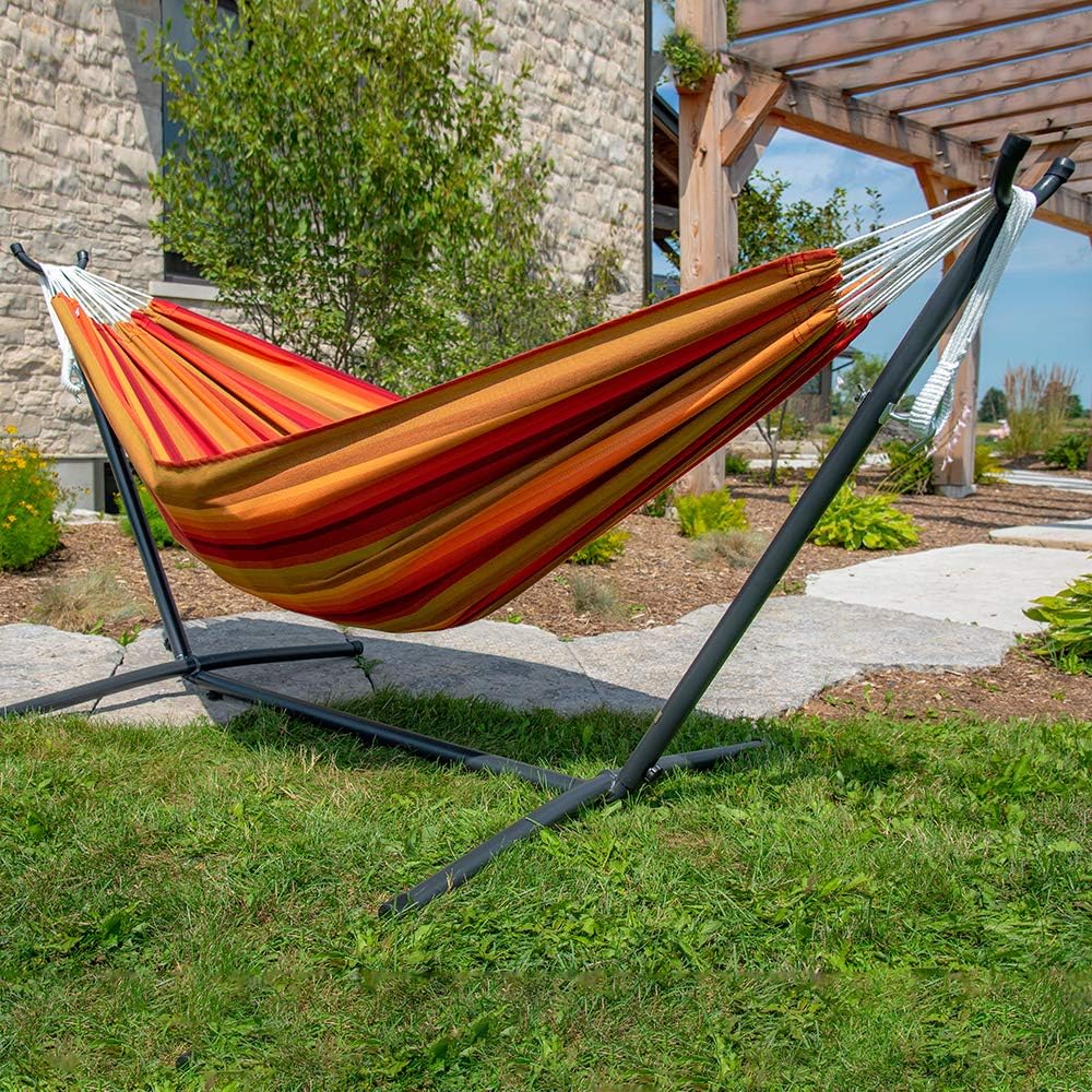 Double Cotton Hammock with Space Saving Steel Stand, Tropical (450 lb Capacity - Premium Carry Bag Included)