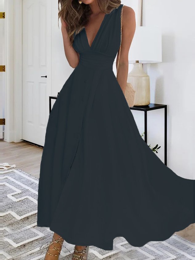 V Neck Loose Plain Elegant Dress