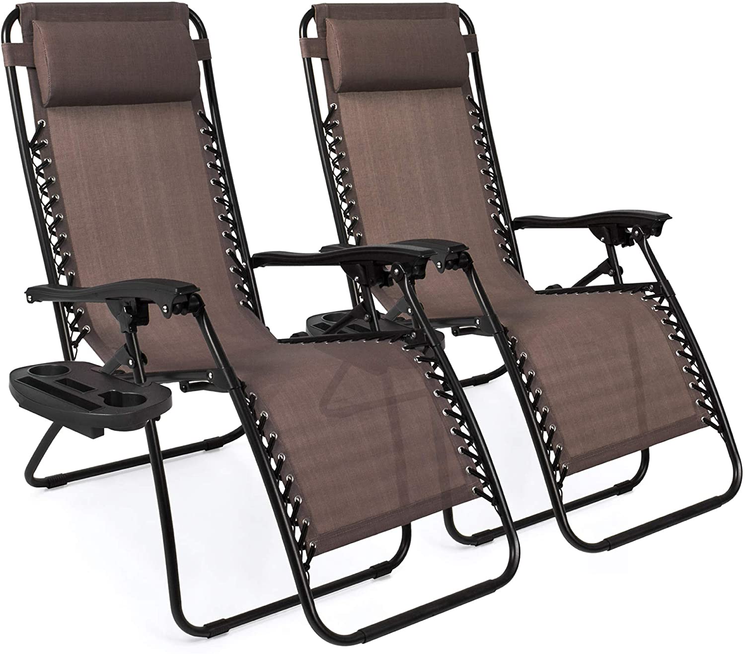 Set of 2 Adjustable Steel Mesh Zero Gravity Lounge Chair Recliners w/Pillows and Cup Holder Trays