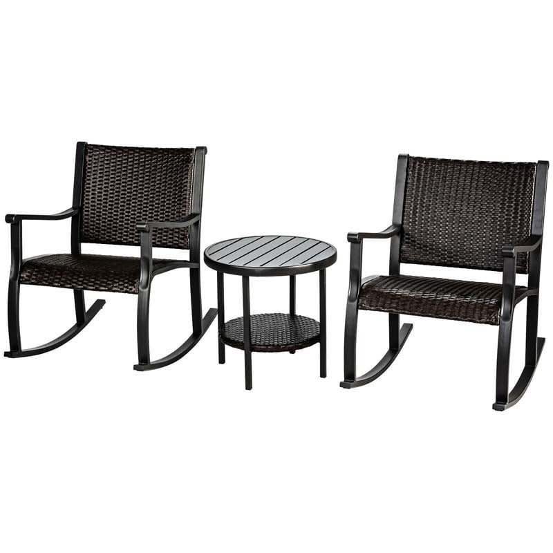 Bestoutdor Wicker Patio Bistro Set with 2 Rocking Chairs & Coffee Table Storage Shelf