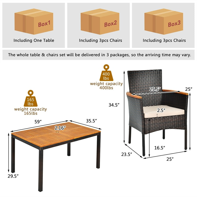 7 Piece Rattan Patio Dining Set with Acacia Wood Table & Stackable Wicker Chairs