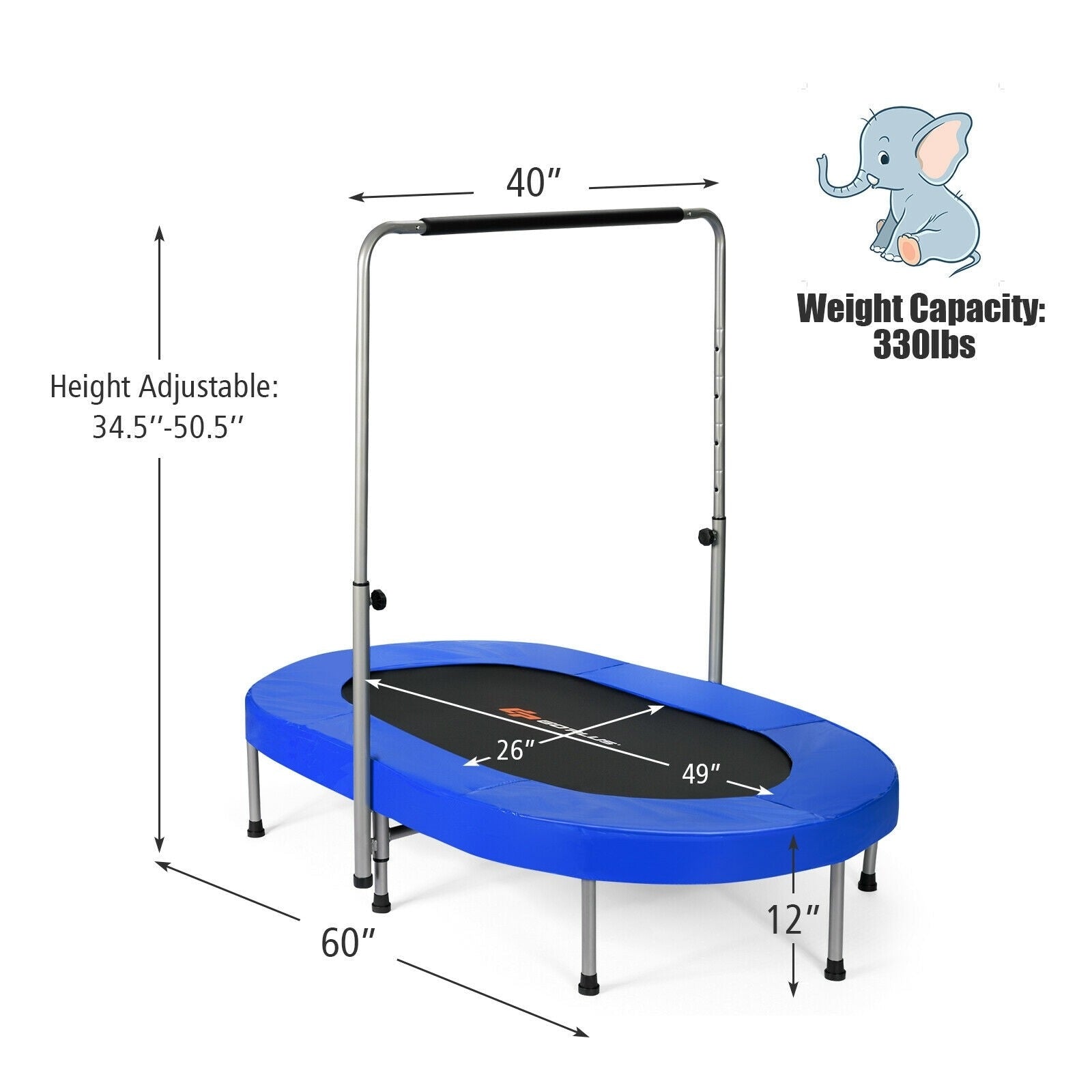 Foldable Double Mini Kids Fitness Trampoline Rebounder with Adjustable Handle