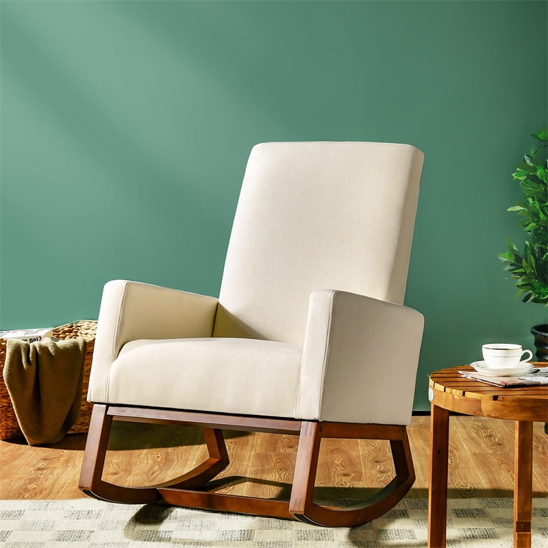 Upholstered Rocking Chair High Back Glider Rocker Chair Mid-Century Nursery Chair Modern Fabric Armchair with Wood Base