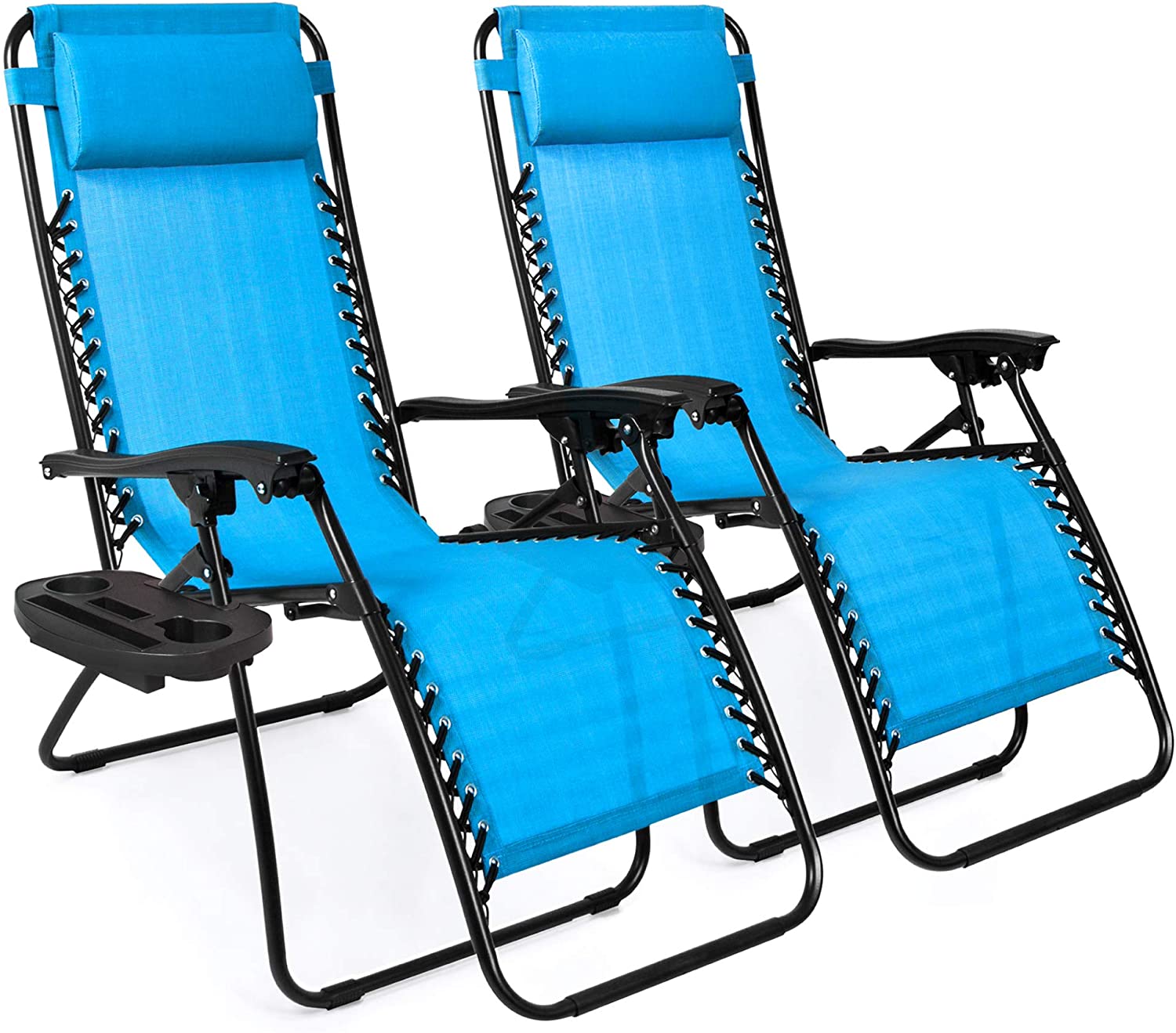 Set of 2 Adjustable Steel Mesh Zero Gravity Lounge Chair Recliners w/Pillows and Cup Holder Trays