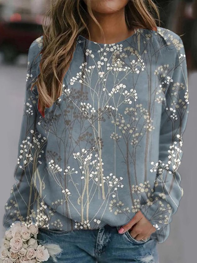 Casual Crew Neck Floral Sweatshirt