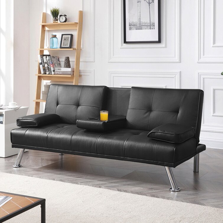 Janni 66'' Wide Faux Leather Cushion Back Convertible Sofa with Cup Holder