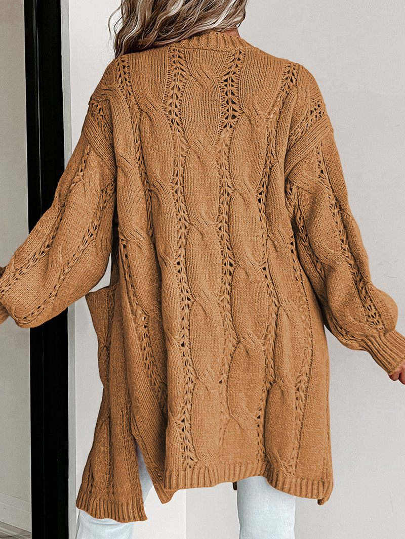 Khaki Ribbed Trim Eyelet Cable Knit Cardigan