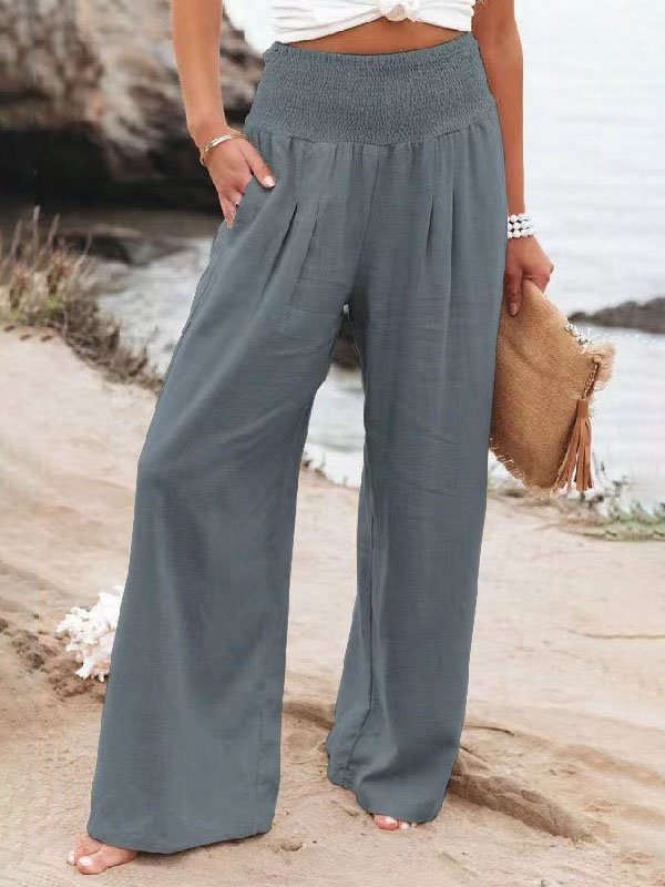 Casual Plain Natural Long Elastic Band Scramble Wide Leg Pants