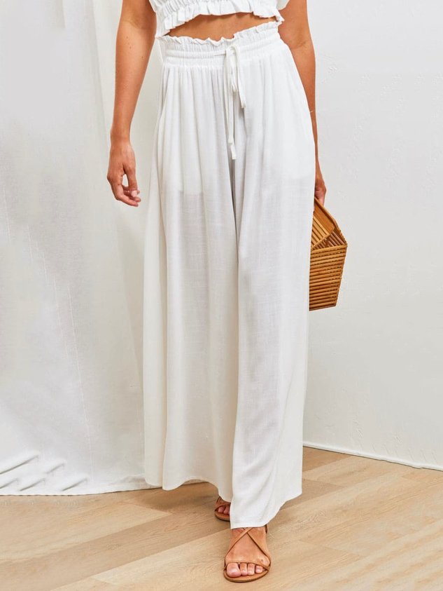 Plain Casual Wide Leg Shirred Waist Pant