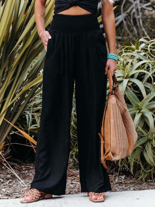 Casual Plain Natural Long Elastic Band Scramble Wide Leg Pants