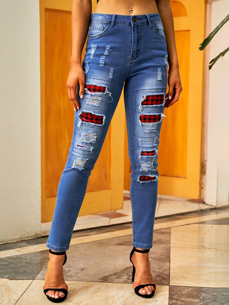 Women's vintage plaid patchwork jeans