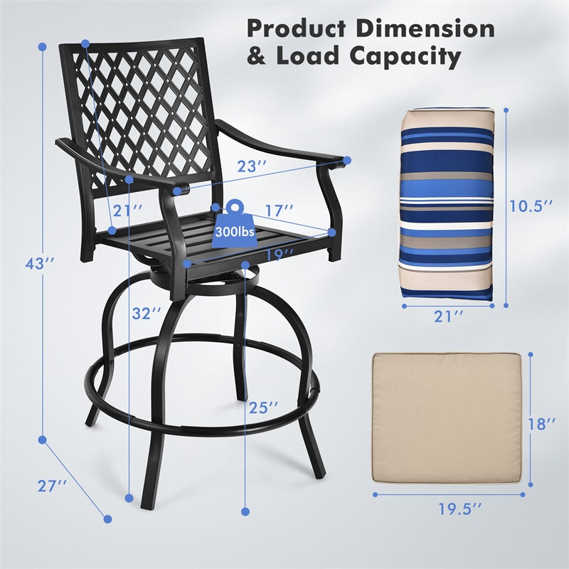 Set of 2 Patio Swivel Bar Stools Outdoor Bar Height Chairs with Soft Cushions & Steel Frame