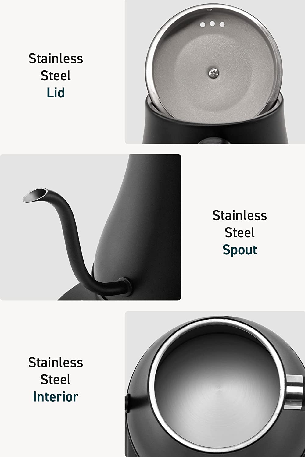 Electric Gooseneck Kettle with 5 Variable Presets, Pour Over Kettle & Coffee Kettle, 100% Stainless Steel Inner Lid & Bottom, 1200 Watt Quick Heating, 0.8L, Matte Black