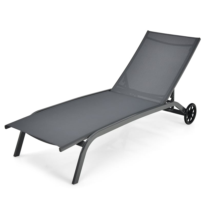 Outdoor Chaise Lounge Chair 6-Position Adjustable Patio Recliner Chair with Wheels for Backyard Pool