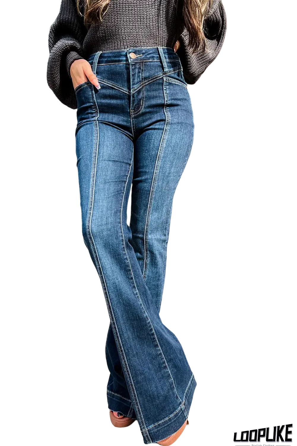 Blue High Waist Seam Stitching Pocket Flare Jeans