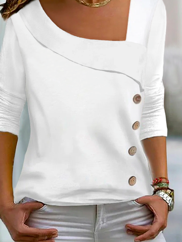 Asymmetrical Neck Buttoned Plain Casual Long Sleeve Shirt