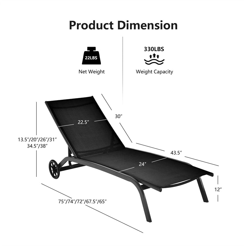 Outdoor Chaise Lounge Chair 6-Position Adjustable Patio Recliner Chair with Wheels for Backyard Pool