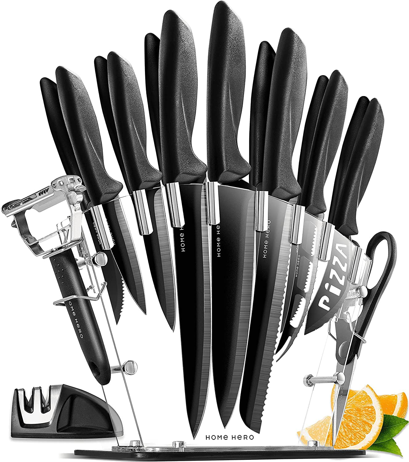 (Store Closing Sale) Kitchen Knife Set with Acrylic Block, Scissors, Peeler and Knife Sharpener Full 17 Piece Stainless Steel Kitchen Knives Set