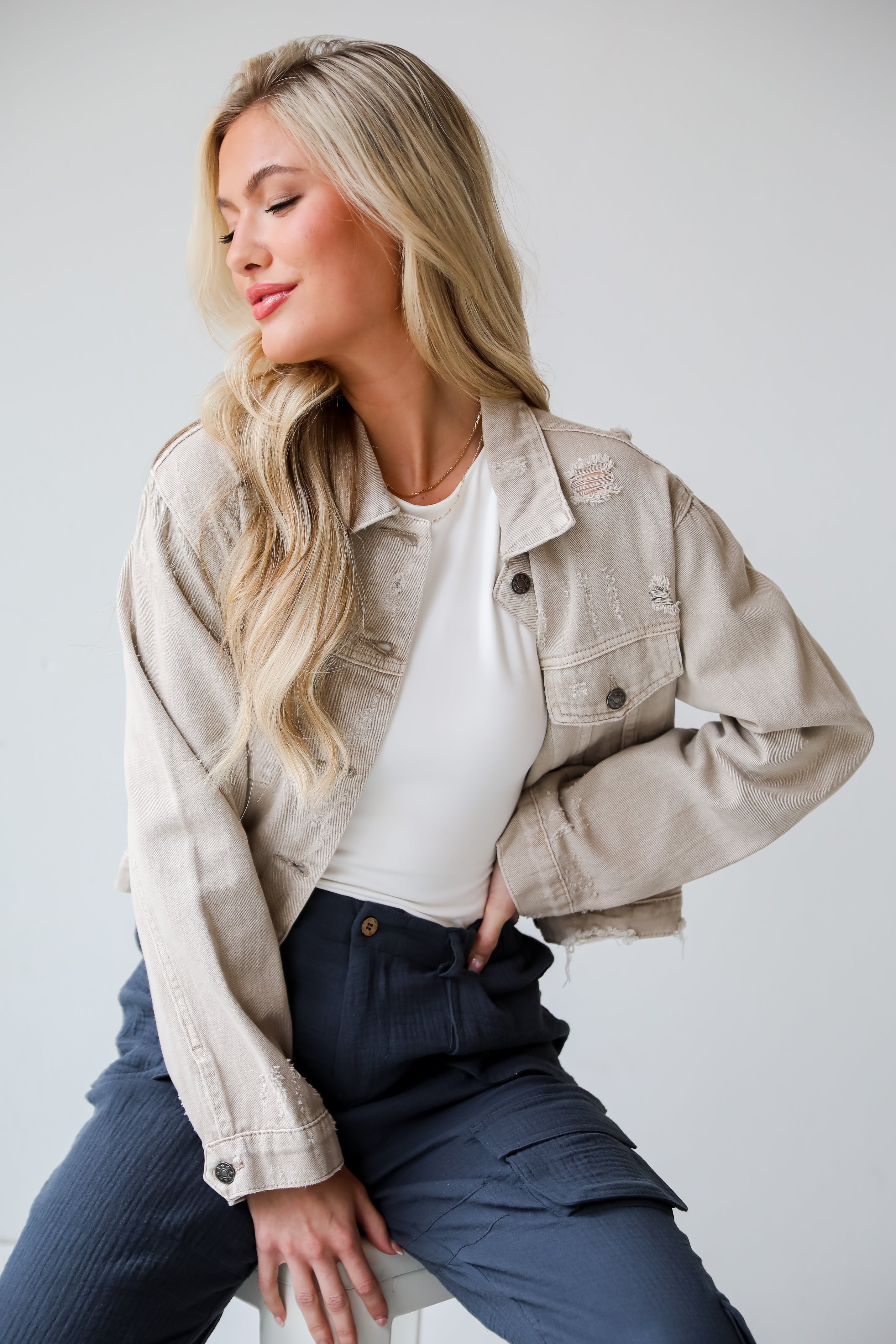 FINAL SALE - Definite Icon Taupe Distressed Cropped Denim Jacket