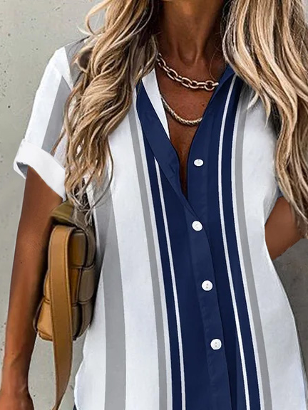 Shirt Collar Casual Loose Striped Blouse