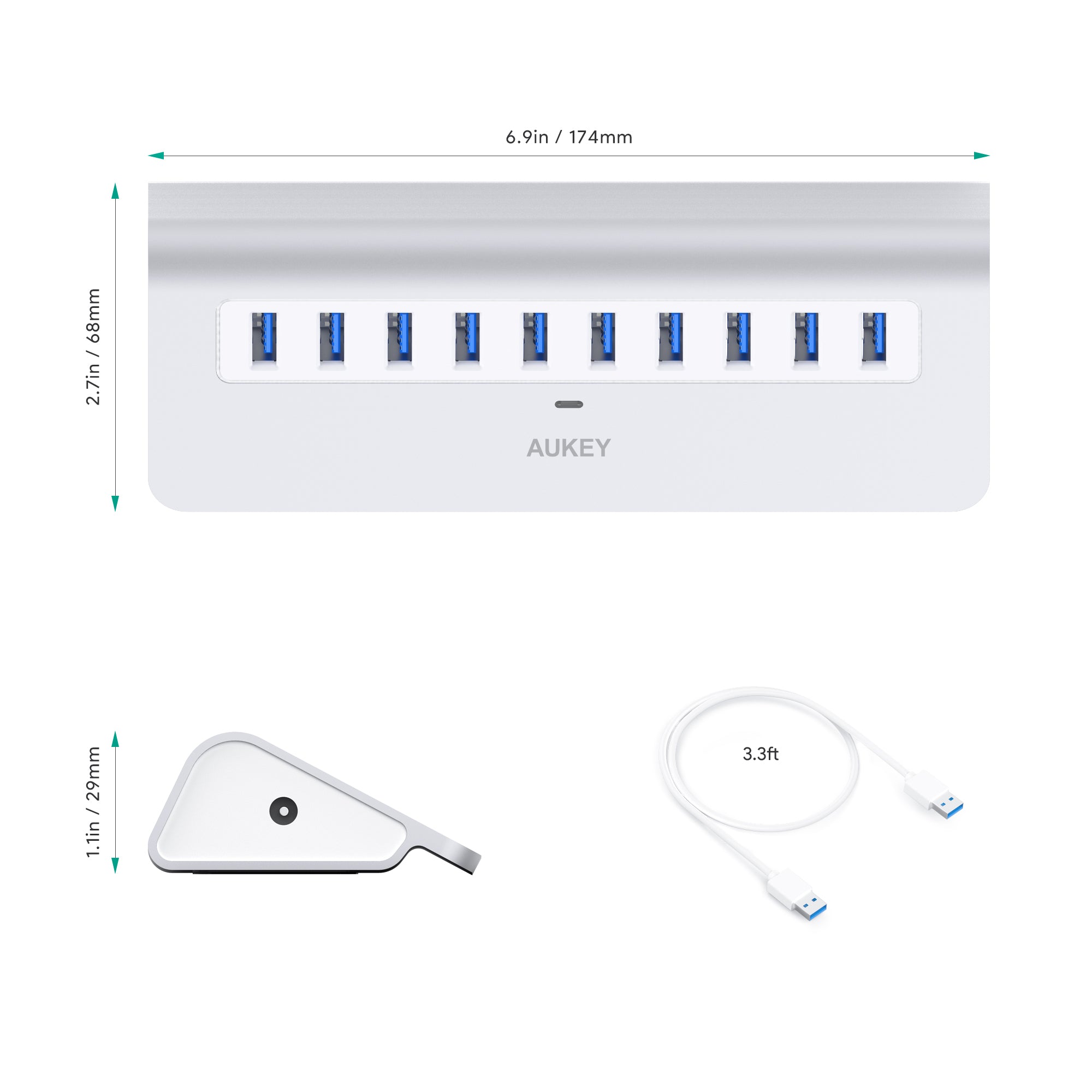 AUKEY CB-H6 USB3.0 Silver 10 interface aluminum alloy HUB hub with LED indicator with adapter ORICO M3H10