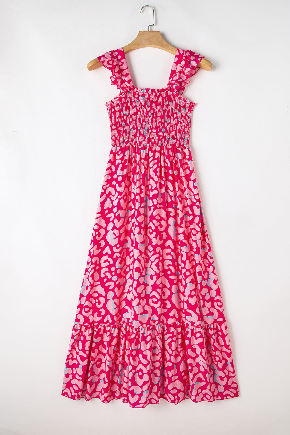 Pink Leopard Ruffle Straps Smocked High Waist Maxi Dress