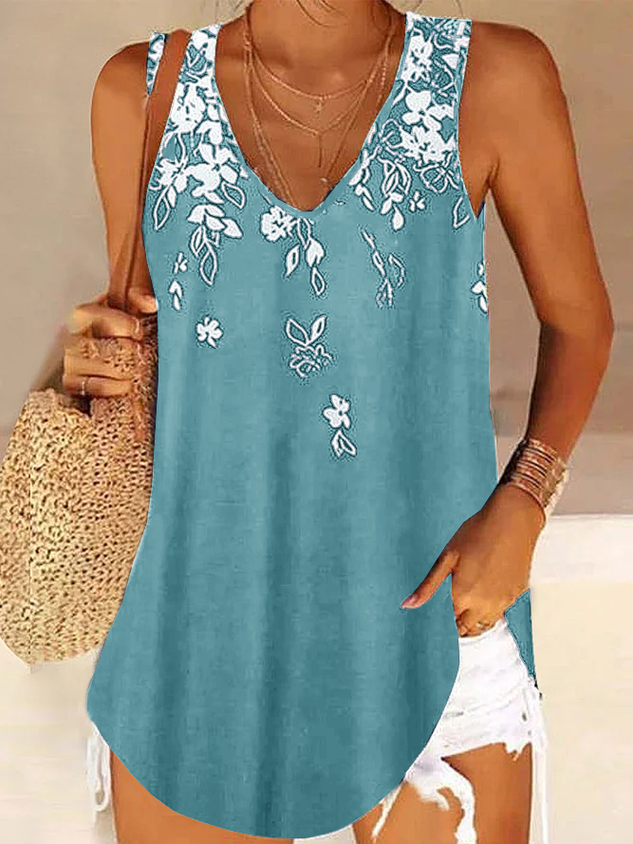 Women's Casual Daily Holiday Tank Tunic Top Camis Floral Sleeveless Patchwork Print V Neck Casual Beach Tunic Top