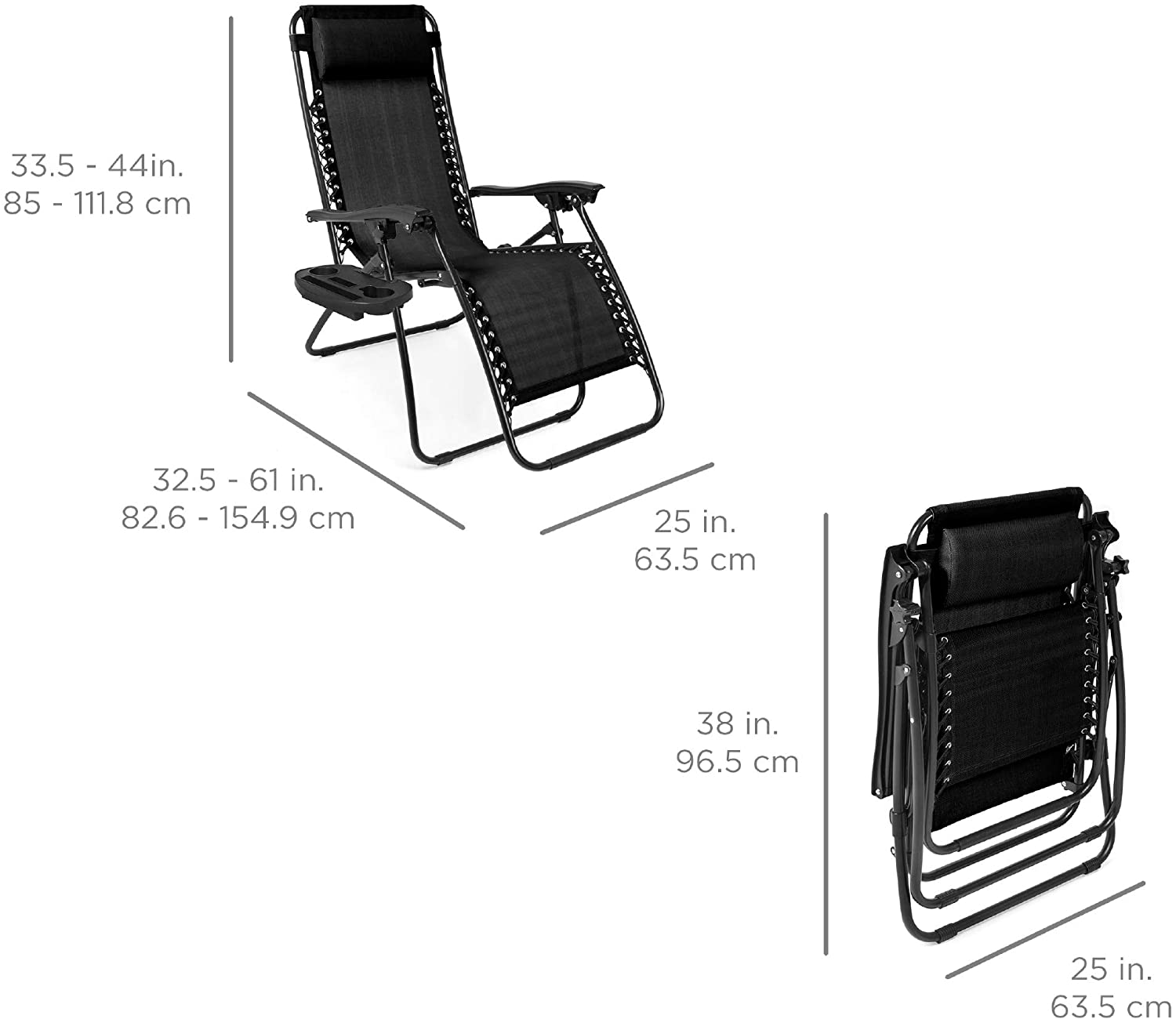 Set of 2 Adjustable Steel Mesh Zero Gravity Lounge Chair Recliners w/Pillows and Cup Holder Trays