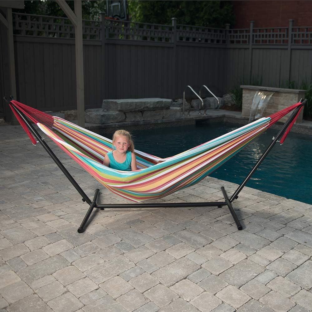 Double Cotton Hammock with Space Saving Steel Stand, Tropical (450 lb Capacity - Premium Carry Bag Included)