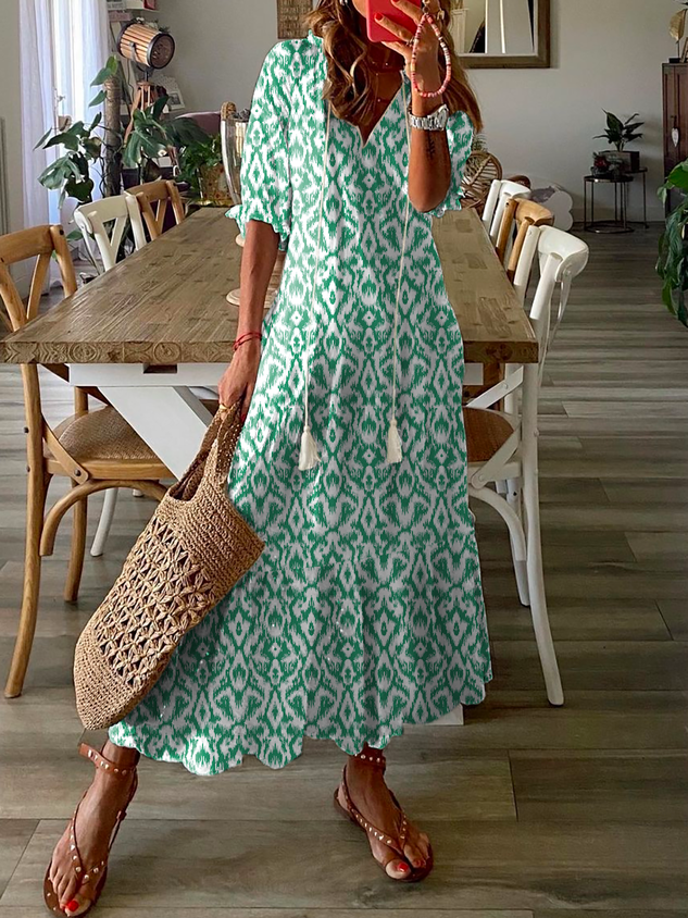 Women's Shift Dress Maxi Dress half Sleeve Floral Print Summer Fall V Neck Casual Geometric Printed Dress